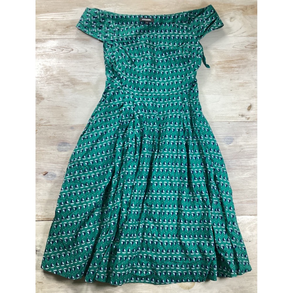 Emily and Fin Green Sailboat Print Off Shoulder Cotton Pleated Midi Dress Sz S